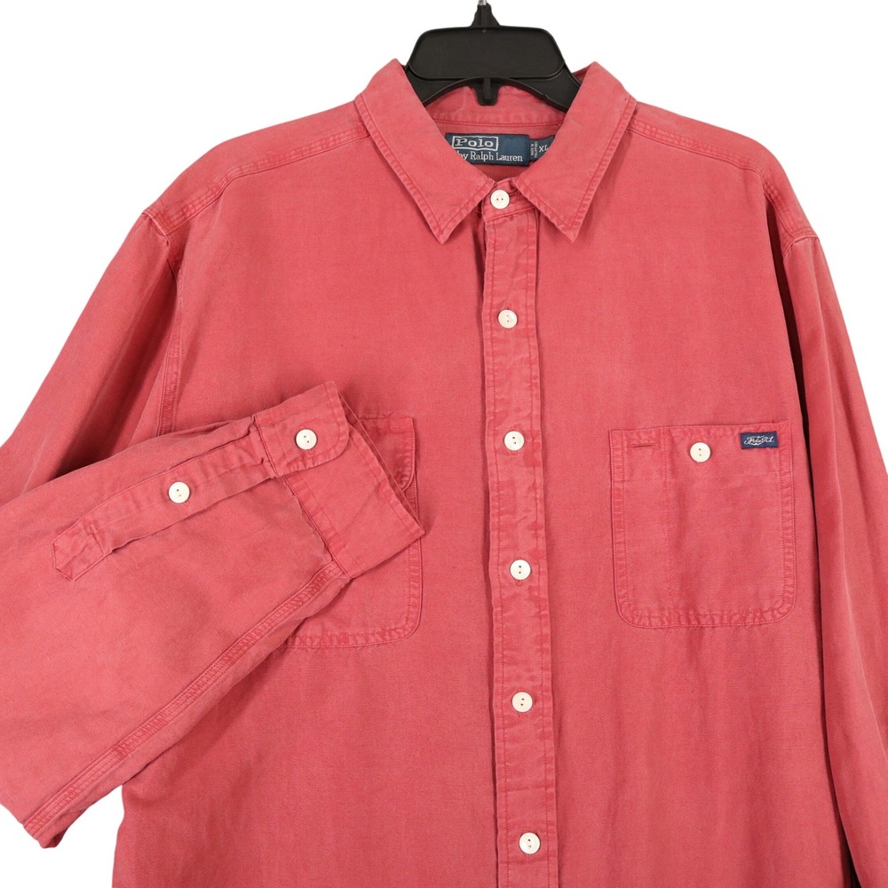 Polo Ralph Lauren Button Front Shirt Mens XL Red 100% Linen Long Sleeve‎ Classic